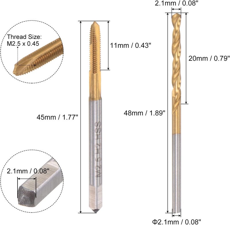 uxcell M2.5 x 0.45 Spiral Point Thread Tap and 2.1mm Twist Drill Bit Set, Metric Titanium Plated 6542 High Speed Steel Machine Screw Thread Tap Threading Tool - Image 1